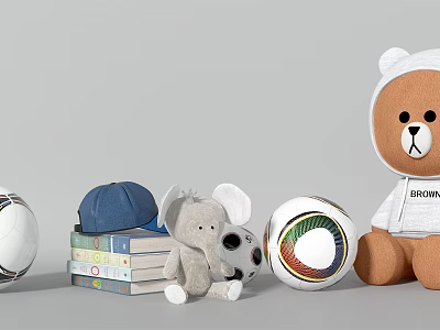 Grey Elephant And Brown Bear Dolls With Books Blue Cap Football And Colorful Ball 3d model
