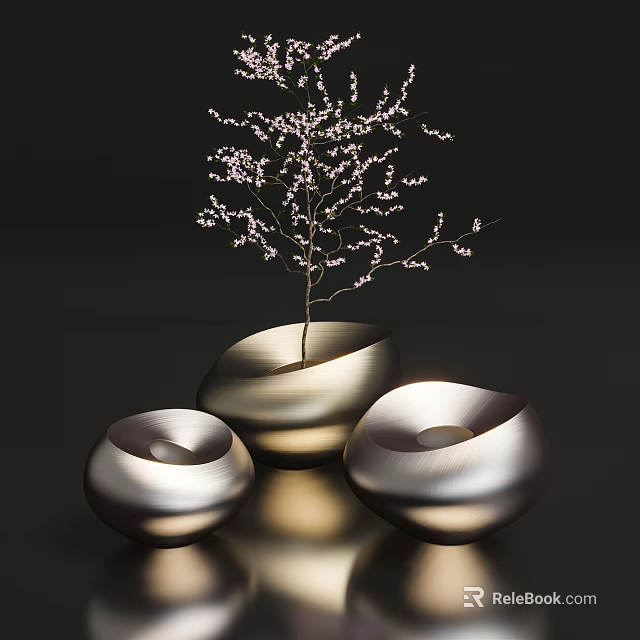 Modern Minimalist Silver Decorative Ornament Set With Three Pieces And Flower Branch 3d model 