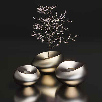 Modern Minimalist Silver Decorative Ornament Set With Three Pieces And Flower Branch 3d model