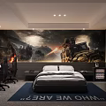 Hotel Room Featuring Large Mural Off Road Vehicle King Bed Desk And Computer Setup 3d model
