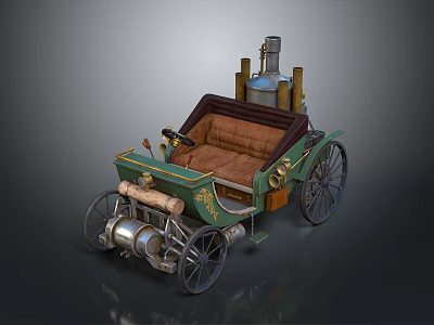 Vintage Steam Powered Car With Green Body Brown Leather Seats And Spoked Wheels 3d model