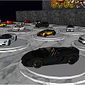 Colorful Cars On Circular Platforms In Auto Showroom With Visitors Exploring