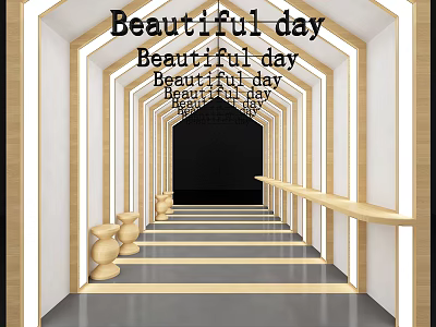 Beautiful Day Themed Passage With Wooden Frames Striped Floor And Lighting 3d model