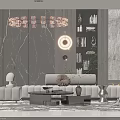 Modern White Sofa Coffee Table Combination With Marble Texture Walls Bookshelves Circular Lighting