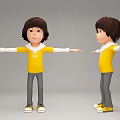 3D Character Front And Side Views Wearing Yellow Shirt Gray Pants Yellow Shoes Arms Outstretched