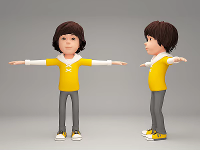 3D Character Front And Side Views Wearing Yellow Shirt Gray Pants Yellow Shoes Arms Outstretched 3d model