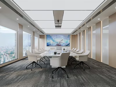 Modern Conference Room Interior With Large Windows City View White Chairs Table And Large Screen 3d model