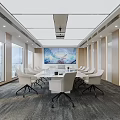 Modern Conference Room Interior With Large Windows City View White Chairs Table And Large Screen