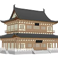 Two Story Ancient Chinese Architecture Featuring Black Roof Overhanging Eaves And Wooden Structure