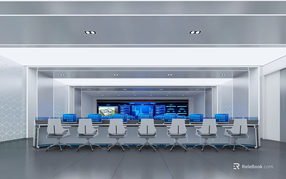 Modern Professional Control Room Interior With Control Desk And Multiple Monitor Screens 3d model 