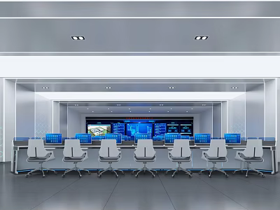 Modern Professional Control Room Interior With Control Desk And Multiple Monitor Screens 3d model