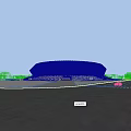 Large White Mesh Stadium Exterior With Crowded Pedestrians And Trees On Rainy Day