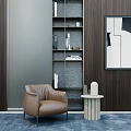 Single Seater Leather Sofa Interior With Small Side Table Grey Bookshelf Black White Abstract Art