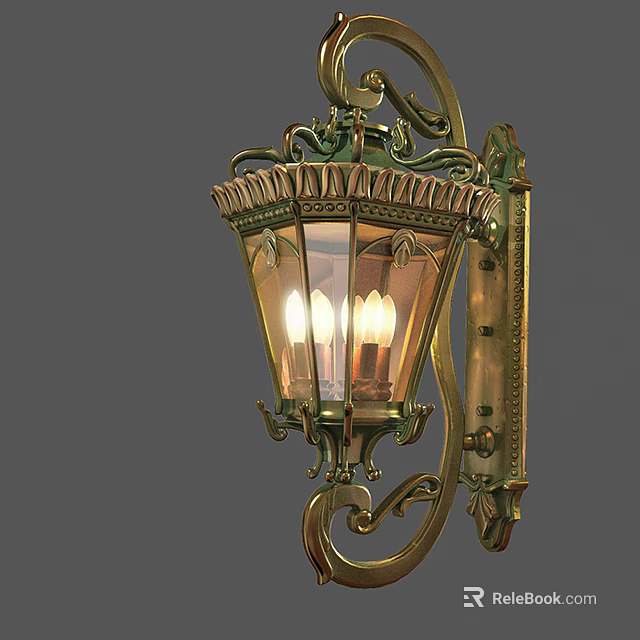 Vintage Brass Wall Sconce with Ornate Scrollwork and Glass Shade Illuminated Warm Light Interior Decor 3d model 