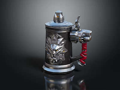 Vintage Metal Beer Mug With Intricate Dragon Carvings And Red Braided Handle 3d model