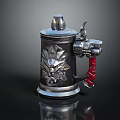 Vintage Metal Beer Mug With Intricate Dragon Carvings And Red Braided Handle
