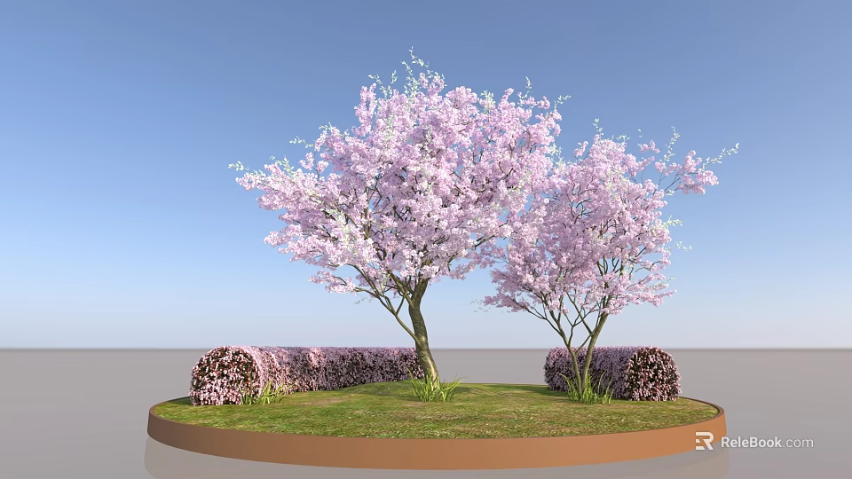 Arbor With Pink Blossoms And Purple Shrubs On Green Lawn Under Blue Sky 3d model 