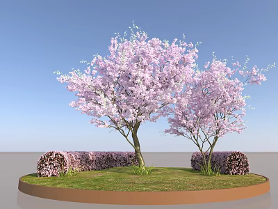 Arbor With Pink Blossoms And Purple Shrubs On Green Lawn Under Blue Sky 3d model