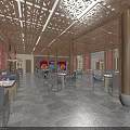 Spacious Chinese Style Restaurant Interior Featuring Carved Wooden Ceiling Red Decor And Dining Tables