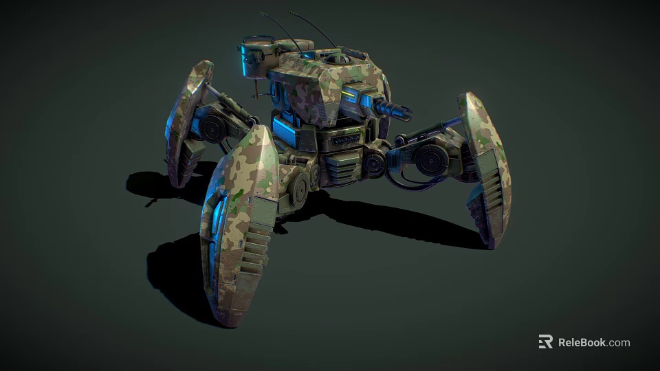 Mechanical Crab With Camouflage Design Blue Lights And Multiple Legs 3d model 
