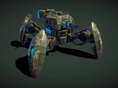Mechanical Crab With Camouflage Design Blue Lights And Multiple Legs 3d model