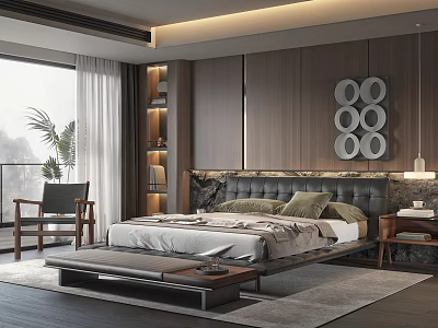 Modern Bedroom Interior Design With Wooden Walls Marble Headboard Gray Bedding And Circular Wall Decor 3d model