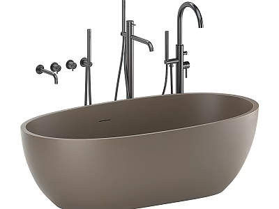 Modern Freestanding Bathtub With Oval Shape Gray Finish And Metal Fixtures 3d model