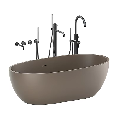 Modern Freestanding Bathtub With Oval Shape Gray Finish And Metal Fixtures 3d model