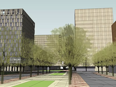Modern Office Building Exterior With Glass Curtain Wall Green Trees And Plaza 3d model