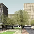 Modern Office Building Exterior With Glass Curtain Wall Green Trees And Plaza