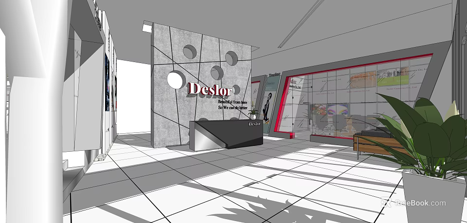 Destor Specialty Store Interior With Reception Desk And Circular Wall Design 3d model 
