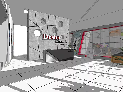Destor Specialty Store Interior With Reception Desk And Circular Wall Design 3d model