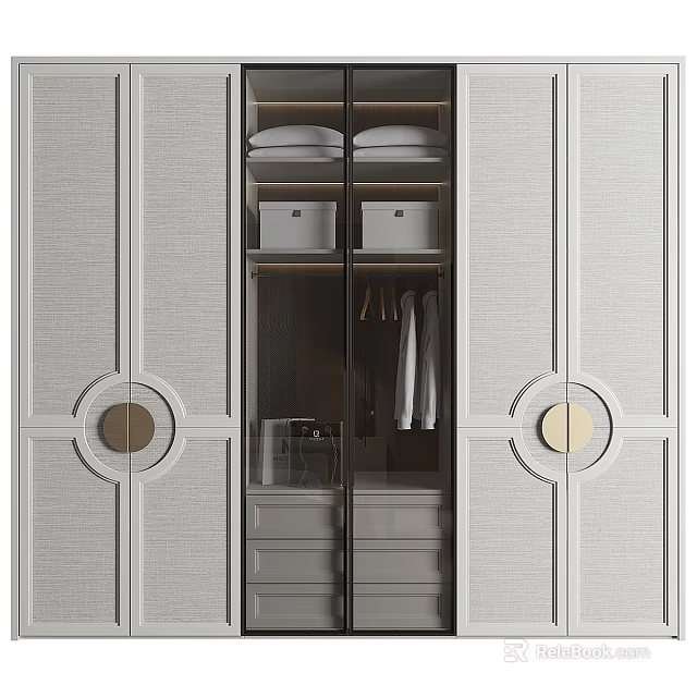 Modern Wardrobe With Glass Doors Circular Accents Hanging Rods And Storage Drawers 3d model 