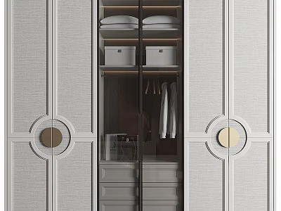 Modern Wardrobe With Glass Doors Circular Accents Hanging Rods And Storage Drawers 3d model