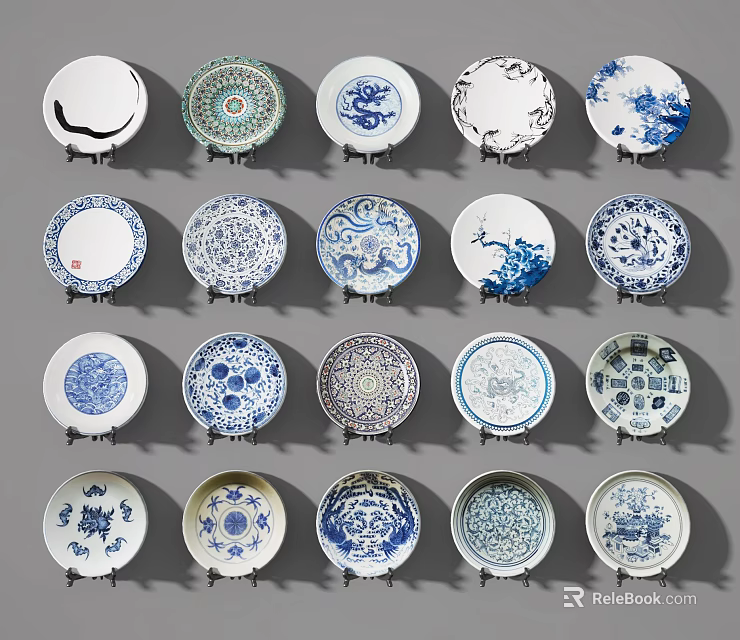 Decorative Plates Collection With Various Blue And White Patterns For Wall Decoration 3d model
