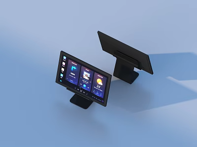 Dual Computer Monitors With One Screen Displaying App Icons On Blue Background 3d model