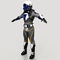Game Movie Character In Blue Gold Gray Spacesuit With Helmet Armor And Arms Outstretched