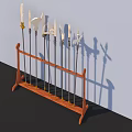 Ancient Weapons Displayed on Wooden Rack with Decorative Handles and Metal Accents