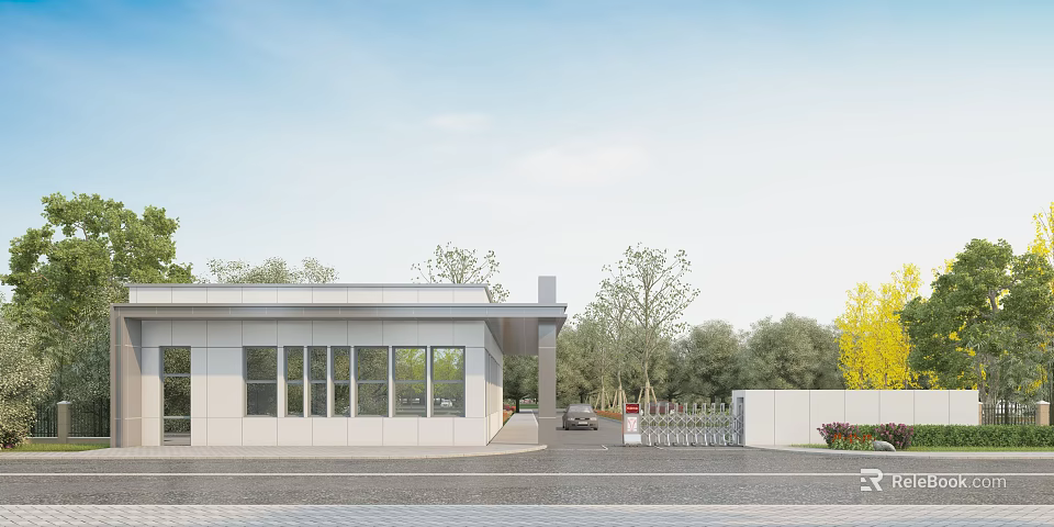 Modern Entrance Gate Featuring Glass Facade Building And Trees With Car Nearby 3d model 