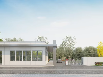 Modern Entrance Gate Featuring Glass Facade Building And Trees With Car Nearby 3d model