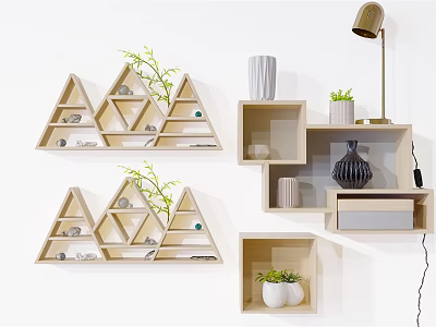 Modern Triangular Wooden Wall Cabinets And Hanging Shelves With Decor Plants 3d model