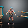 Shirtless Warrior With Feathered Headdress Ornamented Arms And Large Shield Two Curved Blades 3d model