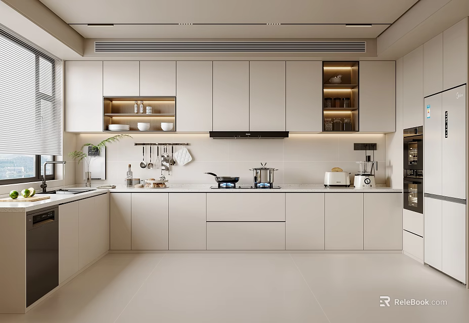 Modern Kitchen Interior Design With White Cabinets Appliances Countertop And Bright Windows 3d model