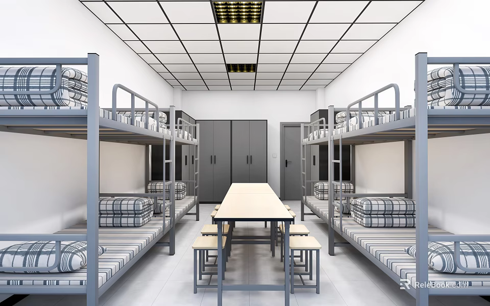 School Dormitory Interior With Bunk Beds Lockers Table And Stools Setup 3d model