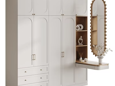 Modern White Dresser with Gold Handles Curved Mirror and Decorative Shelves 3d model