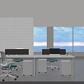 Modern Public Office Space With White Desks Blue Cushion Chairs And Sea View Windows