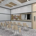 Modern School Classroom Interior With Smart Board Student Desks Bookshelves And Wooden Ceiling