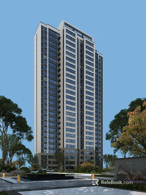 Modern High Rise Residential Building Surrounded by Green Trees Under Blue Sky 3d model 
