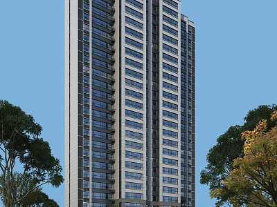 Modern High Rise Residential Building Surrounded by Green Trees Under Blue Sky 3d model