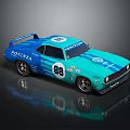 Blue Vintage Modified Race Car With POTSYNA Lettering Number 88 And Rear Spoiler